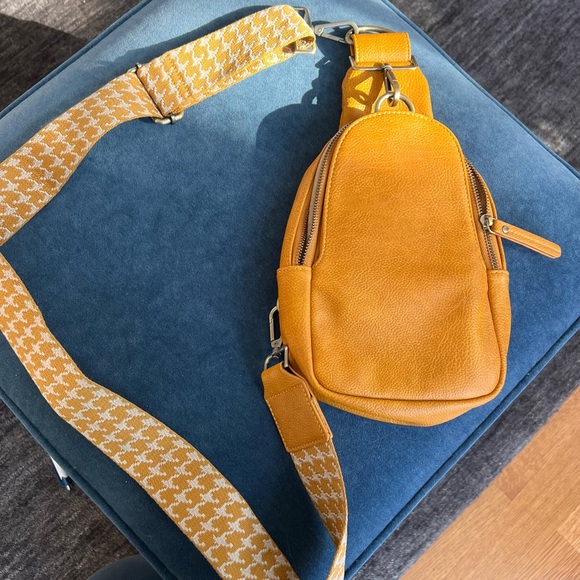 Anthropologie Handbags - Anthropologie Liberty Sling Crossbody Bag Mustard Yellow Vegan Leather